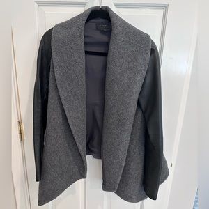 Theory virgin wool grey jacket with black leather sleeves and shawl cooler.